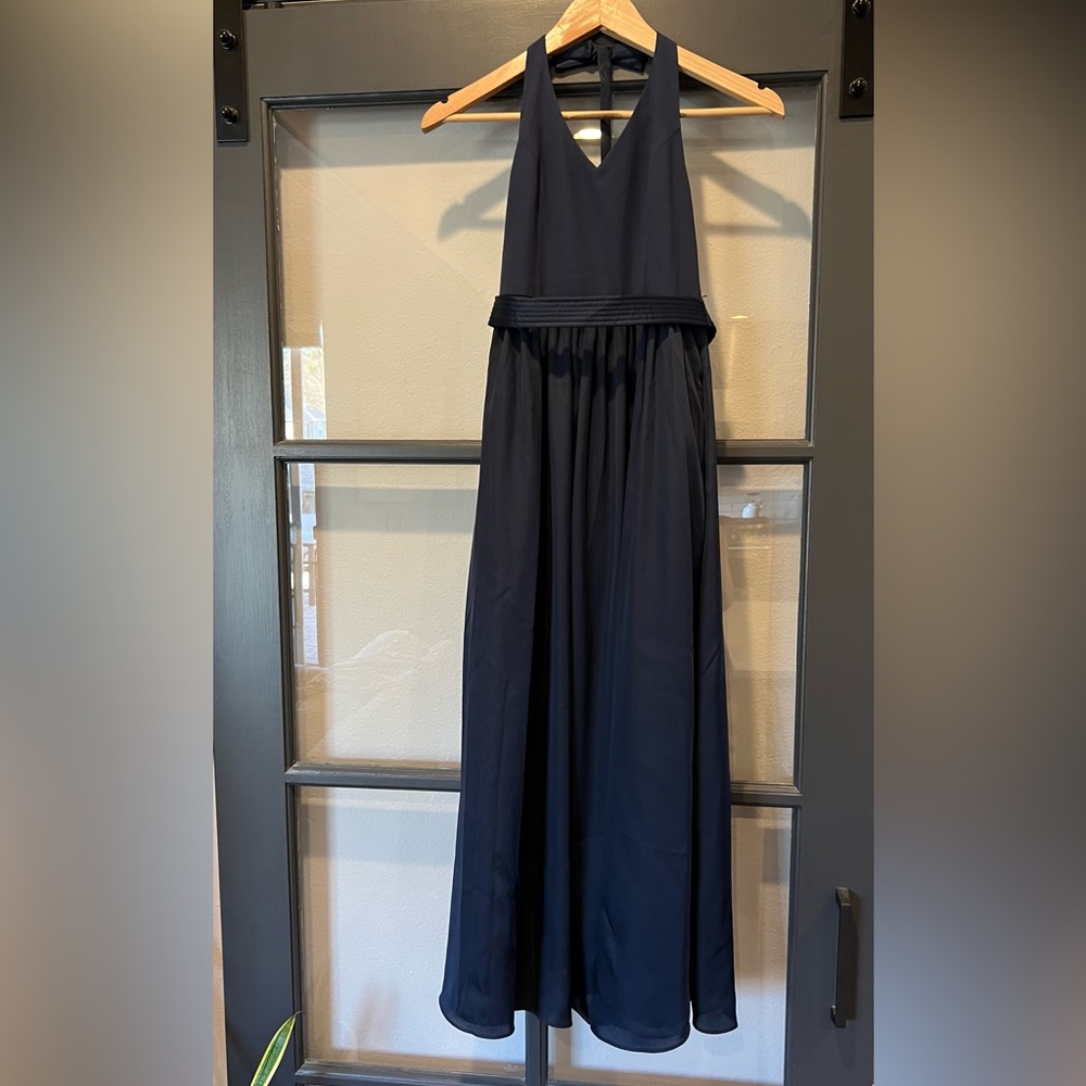 V-Neck Halter Junior Bridesmaid Dress with Sash in Midnight Blue, sz 8; JBVW0214